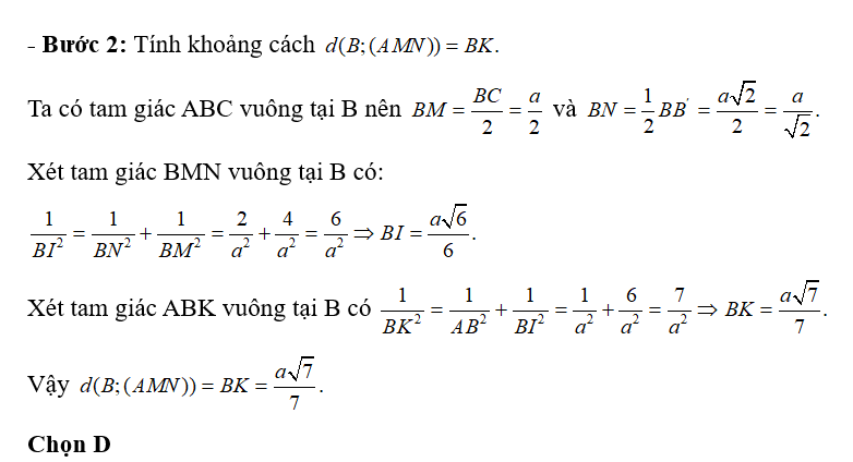 Cho hình lăng trụ đứng ABC.A'B'C' có cạnh bên AA'= a căn bậc hai 2 . Biết đáy ABC là tam giác vuông có BA = BC = a (ảnh 2)