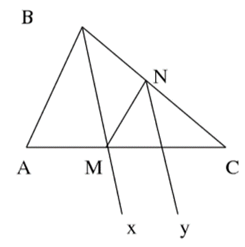 Cho tam giác ABC, kẻ tia phân giác Bx của góc B, Bx cắt tia AC  (ảnh 1)