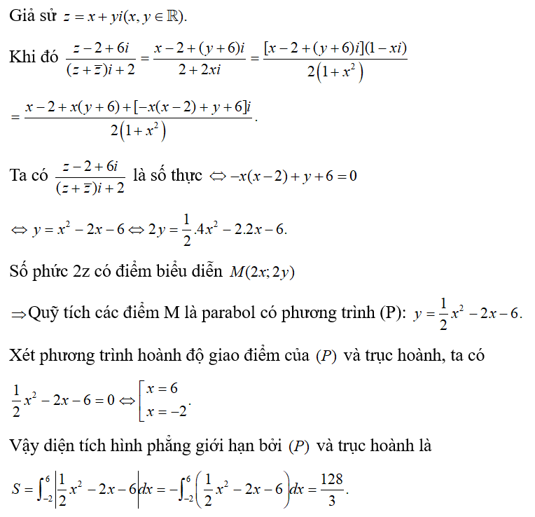 Xét các số phức z thoả mãn z-2 + 5i/ ( z + z ) i + 2 là số thực. Tập hợp các điểm biểu diễn của số phức 2z là một parabol (P). (ảnh 1)
