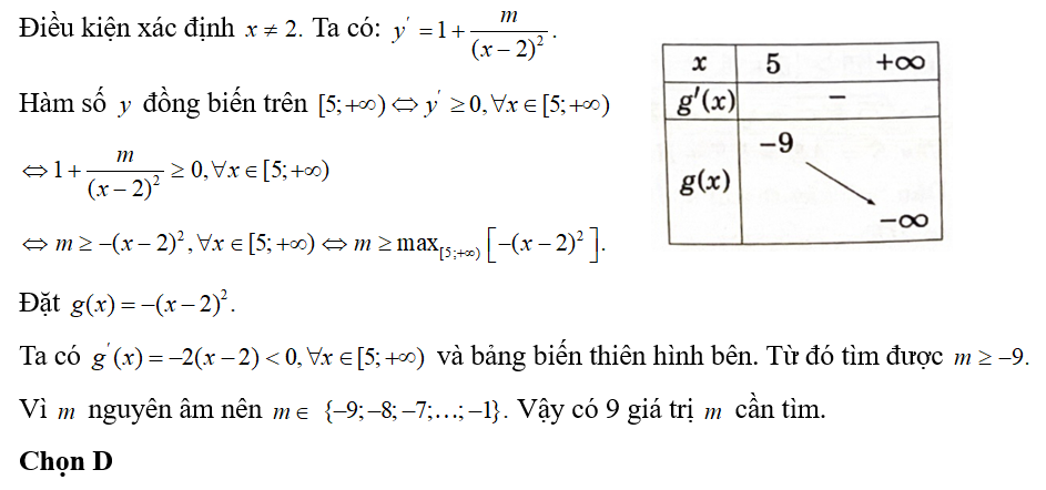 Có bao nhiêu giá trị nguyên âm của tham số m để hàm số y= x+ 3 - m/ x-2  đồng biến trên [ 5; dương vô cùng ] (ảnh 1)