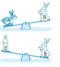 Viết phân số thích hợp vào chỗ chấm. Mỗi bạn thỏ A, B, C có cân nặng là một trong ba số đo (ảnh 1)