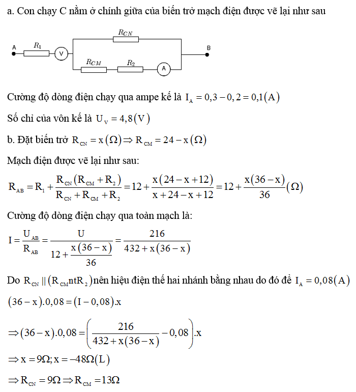 Cho mạch điện như Hình 1. Trong đó R1 = R2 = 12 ôm, MN là biến trở con chạy có điện trở toàn phần là 24 ôm, UAB = 6 V. (ảnh 2)