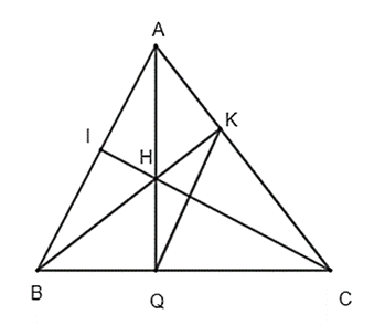 Cho tam giác ABC, AQ, BK, CI là 3 đường cao, H là trực tâm (ảnh 1)