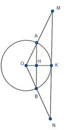 Cho đường tròn (O, 13cm) và dây AB = 24cm. Trên các tia OA (ảnh 1)