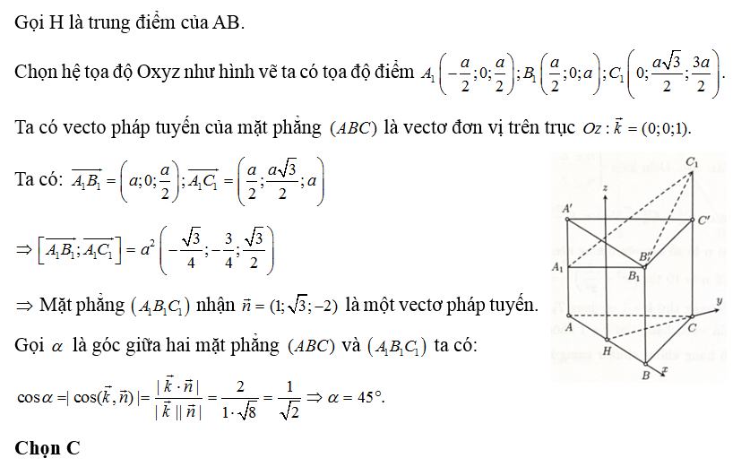 Cho lăng trụ tam giác đều ABCA'B'C' có cạnh bằng a. Trên các tia AA'; BB'; CC' lần lượt lấy A1; B1; C1 cách mặt phẳng (ảnh 1)