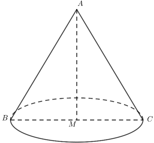 Trong không gian, cho tam giác ABC đều cạnh 2a. Gọi M là trung điểm của BC. Khi quay tam giác ABC xung quanh trục AM thì  (ảnh 1)