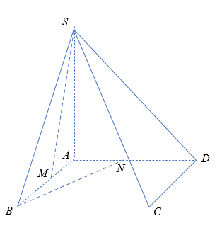 Cho hình chóp S.ABCD. Có đáy là hình vuông ABCD cạnh 2a, SA vuông góc (ABCD) và SB = a căn 5. Gọi M, N lần lượt là trung điểm  (ảnh 1)