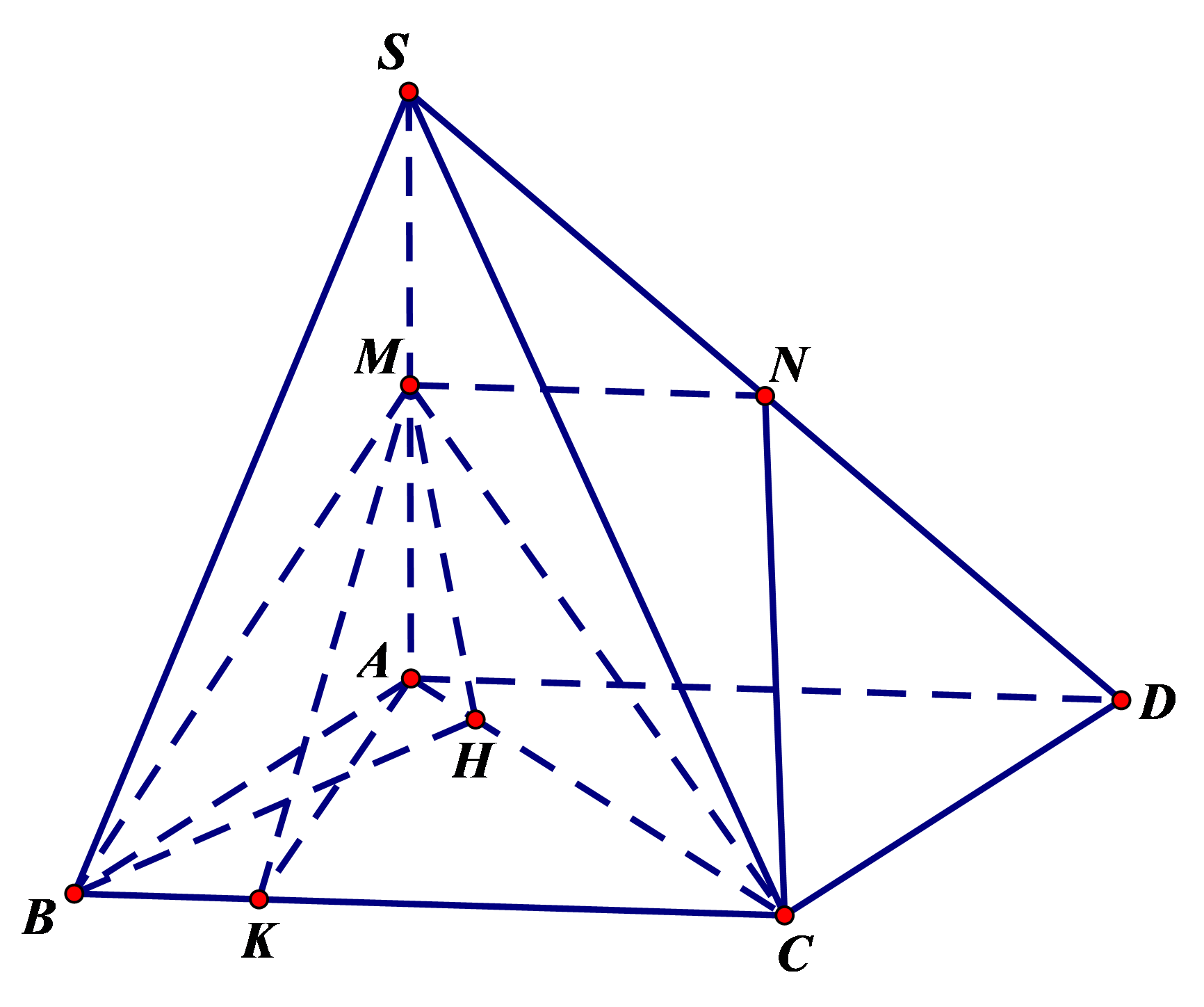 Cho khối chóp S.ABCD có đáy là hình bình hành AB = 3, AD = 4, góc BAD = 120 độ. Cạnh bên SA = 2 căn 3 và vuông góc với mặt phẳng (ABCD).  (ảnh 1)