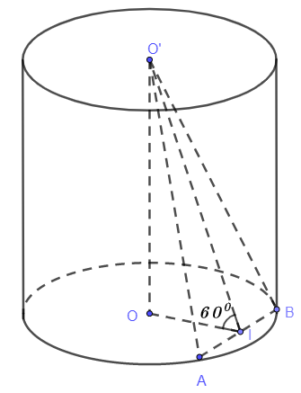 Cho hình trụ có hai đáy là hai hình tròn (O) và (O’), bán kính đáy R = căn 7 . AB là một dây cung của đường tròn (O)  (ảnh 1)