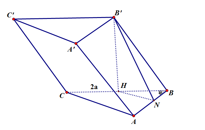 Cho hình lăng trụ ABC.A’B’C’có đáy ABC là tam giác vuông tại A, BC = 2a và góc  ABC = 60 độ (ảnh 1)