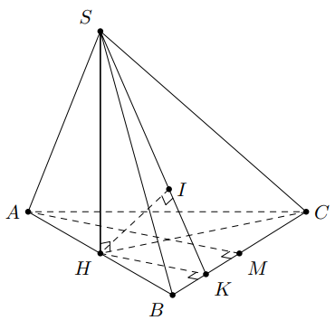 Cho hình chóp S.ABC có đáy ABC là tam giác đều, (SAB) vuông góc với đáy (ABC) và tam giác SAB đều, khoảng cách từ điểm  (ảnh 1)