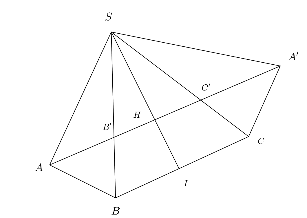Cho hình chóp đều S.ABC có góc ASB = 30 độ, SA = 1. Lấy B’, C’ lần lượt thuộc các cạnh SB, SC sao cho chu vi tam giác AB’C’  (ảnh 1)