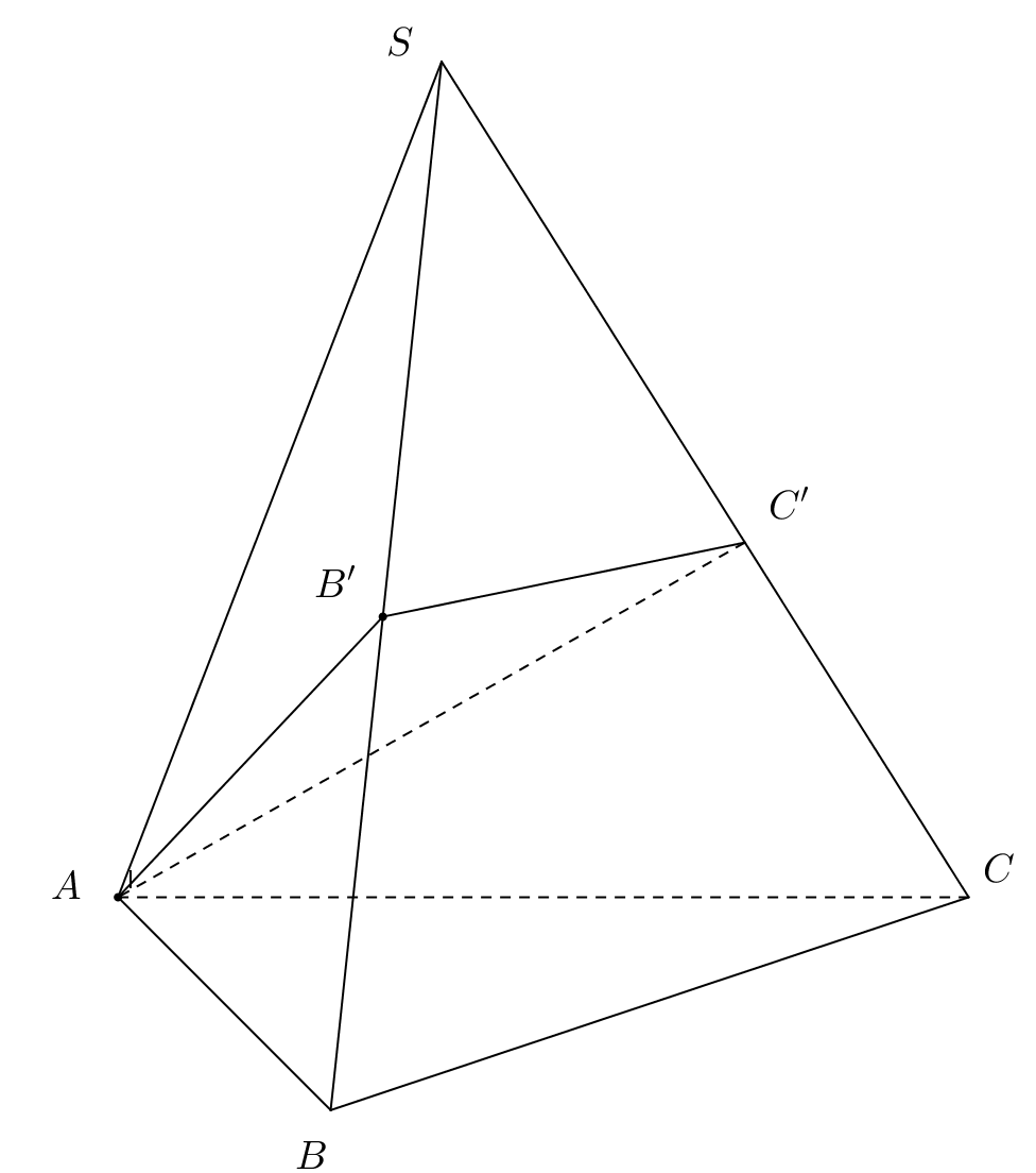 Cho hình chóp đều S.ABC có góc ASB = 30 độ, SA = 1. Lấy B’, C’ lần lượt thuộc các cạnh SB, SC sao cho chu vi tam giác AB’C’  (ảnh 2)