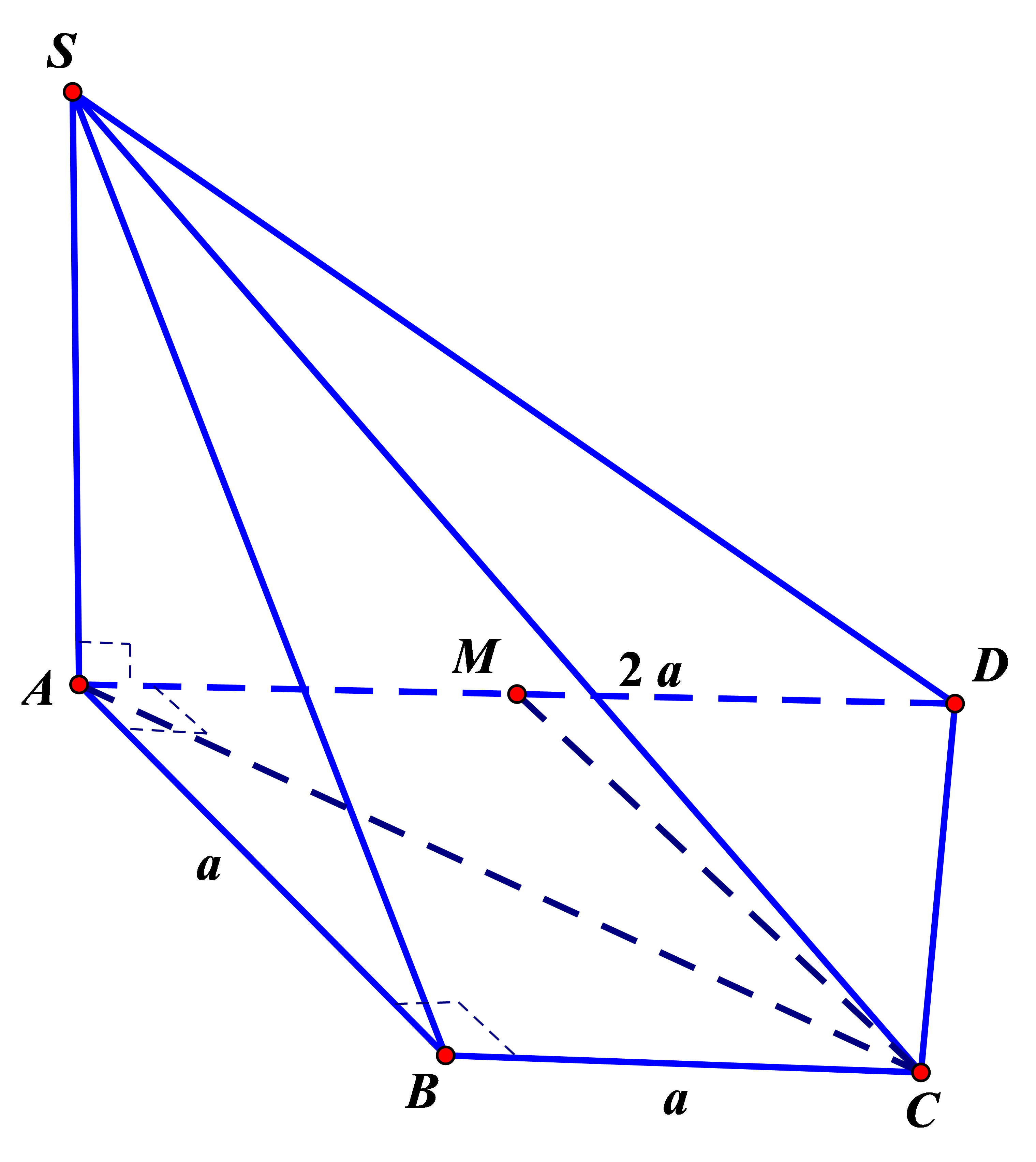 Cho hình chóp S.ABCD có đáy ABCD là hình thang vuông tại A và B, AB = BC = a, AD = 2a, cạnh bên SA  (ảnh 1)