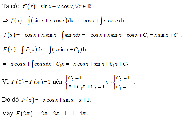Cho hàm số y=f(x)  có đạo hàm là f'(x)= sinx +x.cosx, với mọi x thuộc R (ảnh 1)