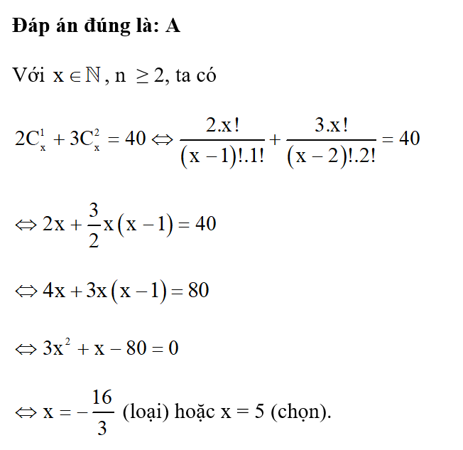 Giá trị của x trong phương trình 2 1Cx + 3 2C x= 115 là (ảnh 1)