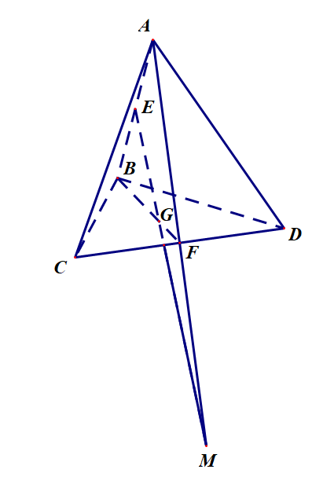 Cho tứ diện ABCD. Gọi E và F lần lượt là trung điểm của AB và CD; G là trọng tâm tam giác BCD. Giao điểm của đường thẳng EG và mặt phẳng (ACD) là: (ảnh 1)