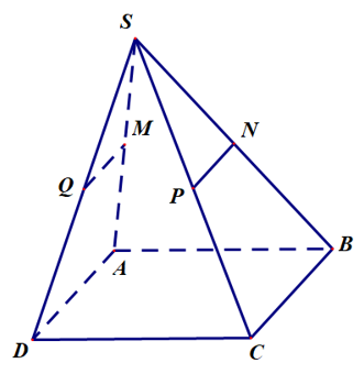 Cho hình bình hành ABCD và một điểm S không nằm trên mặt phẳng (ABCD). Các điểm M, N, P, Q lần lượt là trung điểm SA, SB, SC, SD (ảnh 1)
