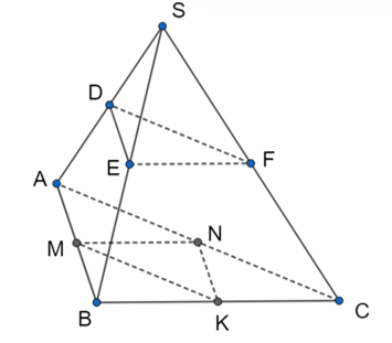 Cho hình tứ diện có D, E, F, M, N, K lần lượt là trung điểm của các cạnh SA, SB, SC, AB, AC, BC (Như hình vẽ). (ảnh 1)