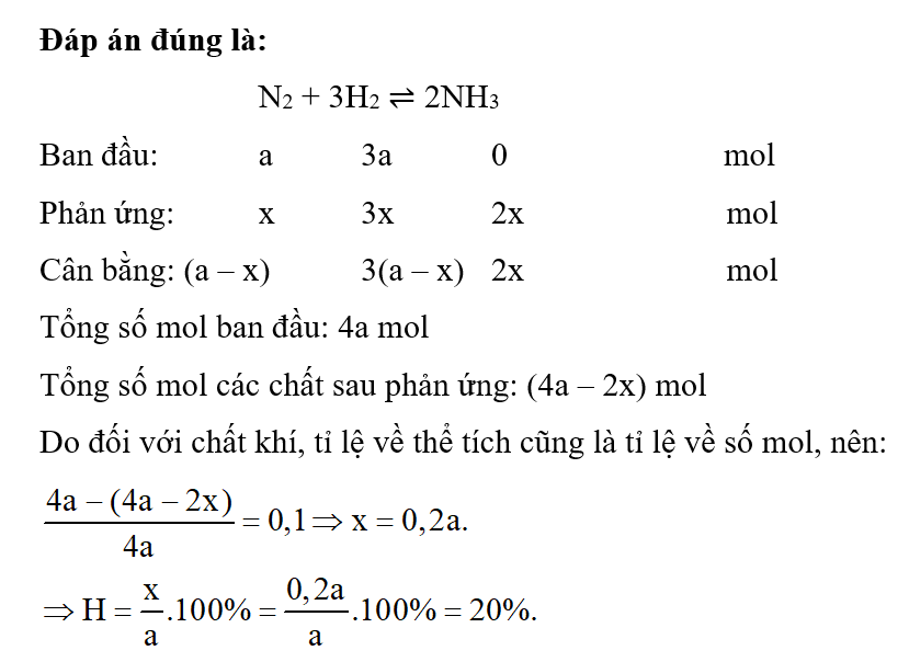 Cho a mol N2 phản ứng với 3a mol H2, sau phản ứng áp suất của hệ giảm (ảnh 1)