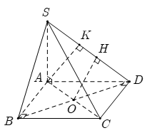 Cho hình chóp S.ABCD có đáy ABCD là hình vuông tâm O, SA vuông góc với đáy ABCD. (ảnh 1)