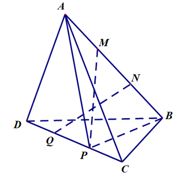 Cho tứ diện ABCD . Gọi M, N là hai điểm phân biệt cùng thuộc đường thẳng AB. Hai điểm phân biệt P và Q cùng thuộc đường thẳng CD (ảnh 1)