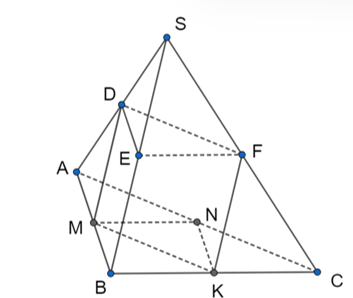 Cho hình tứ diện có D, E, F, M, N, K lần lượt là trung điểm của các cạnh SA, SB, SC, AB, AC, BC (Như hình vẽ). (ảnh 2)