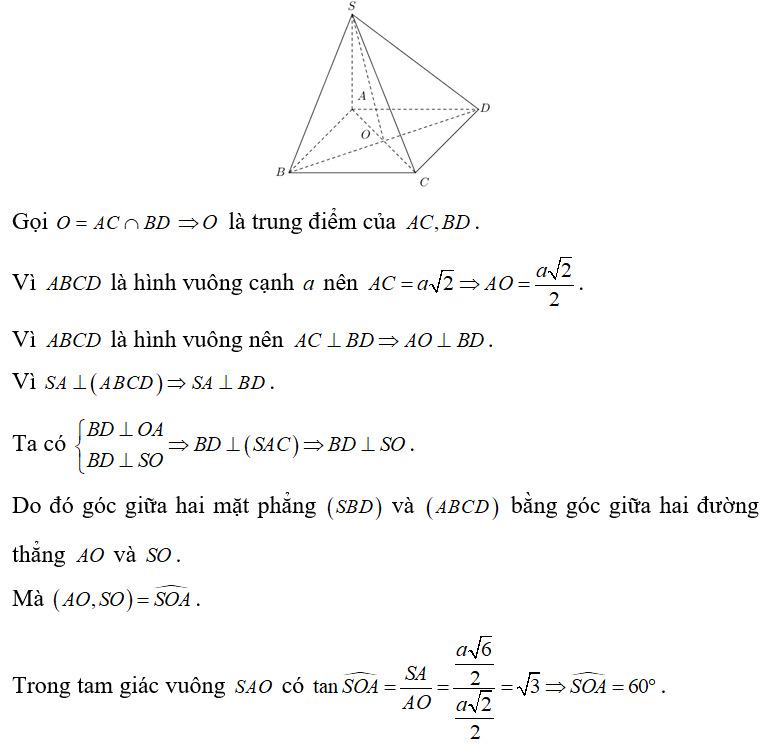 Cho hình chóp sabcd có đáy là hình vuông cạnh a, SA vuông góc với đáy và (ảnh 1)