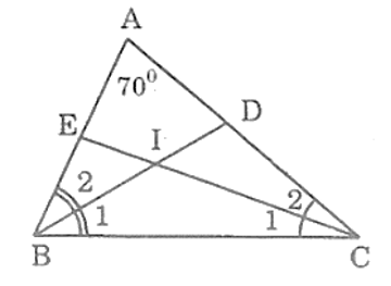 Cho tam giác ABC có góc A= 70 độ, các đường phân giác BD, CE cắt nhau ở I (ảnh 1)