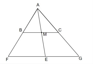 Cho tam giác ABC có M là trung điểm của cạnh BC. Vẽ các điểm F, E, G sao cho B, M, C theo thứ tự là trung điểm của AF, AE và AG. Chứng minh ba điểm F, E, G thẳng hàng. (ảnh 1)