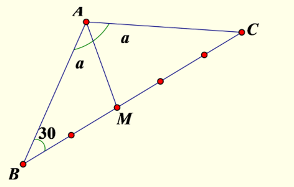 Cho tam giác ABC, AB = AC = a, góc A = 120°, lấy điểm M trên cạnh BC sao cho 5BM = 2BC. Tính độ dài đoạn AM? (ảnh 1)