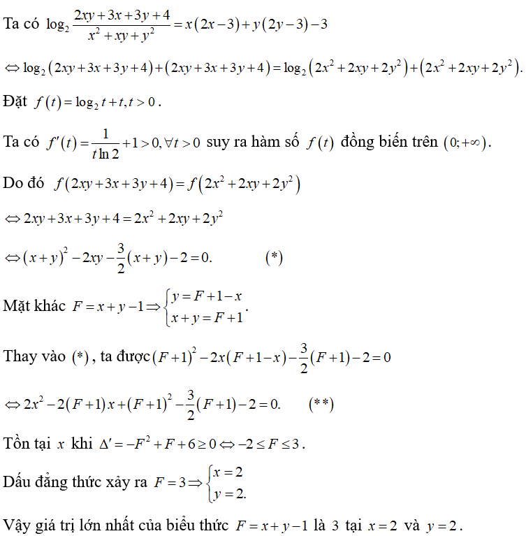 Cho x ,y   là các số thực dương thỏa mãn log 2 2xy +3x +3y +4/ x^2 +xy +y^2 = x(2x -3) +y(2y-3) -3 (ảnh 1)
