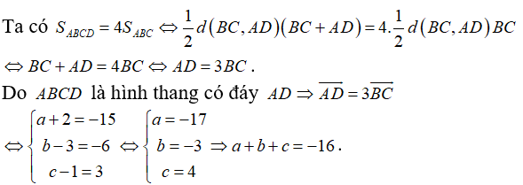 Trong không gian Oxyz , cho ba điểm A(-2;3;1),B(2;1;0),C( -3;-1;1) Gọi D(a,b,c)  là điểm sao cho (ảnh 1)