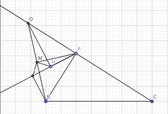 Cho tam giác ABC vuông tại A. Trên tia đối của tia AC kẻ tia Ax. Trên Ax lấy điểm D sao cho AD = AB. Kẻ tia Ay nằm trong BAD. Kẻ DH vuông góc với Ay tại H (ảnh 1)