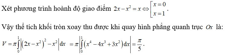 Cho hình phẳng giới hạn bởi hai đường y= 2x -x^2; y =x . Tính thể tích khối tròn xoay thu được khi quay hình phẳng quanh trục (ảnh 1)