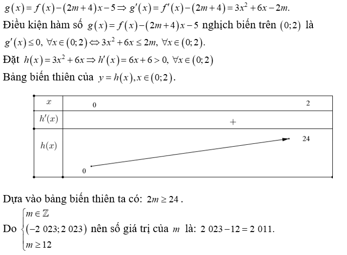 Cho hàm số y=f(x)  có đạo hàm f'(x)= 3x^2 + 6x +4 , với mọi x thuộc R . Có tất cả bao nhiêu giá trị nguyên thuộc (ảnh 1)