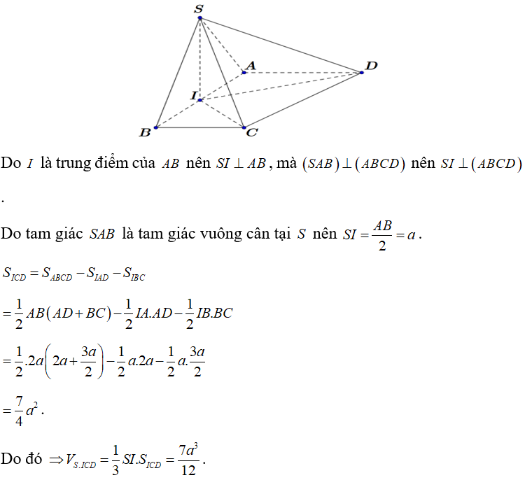 Cho khối chóp tứ giác SABCD có đáy là hình thang vuông tại A và B,AB=AD = 2a (ảnh 1)