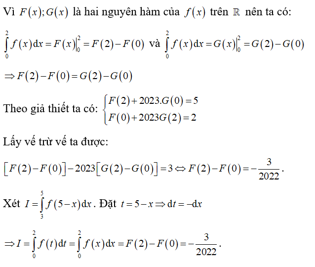 Cho hàm số y=f(x)  liên tục trên R . Gọi F(x), G(x)  là hai nguyên hàm của f(x)  trên R  thỏa mãn (ảnh 1)