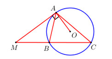 Cho ba điểm A, B, C trên đường tròn (O). Tiếp tuyến tại A cắt dây cung CB kéo dài tại điểm M. Chứng minh:  (ảnh 1)