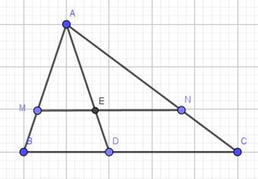 cho tam giác ABC có AB = 12cm, AC=15cm. Trên cạn AB lấy M sao cho AM = 8cm, trên AC lấy N sao cho AN = 10cm. lấy D là điểm bất kì trên BC. AD cắt MN tại E.  (ảnh 1)