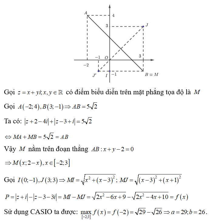 Xét các số phức z  thỏa mãn môdun z +2 - 4i + môdun z - 3 +i = 5 căn 2 . Biết giá trị lớn nhất của biểu thức  có dạng (ảnh 1)