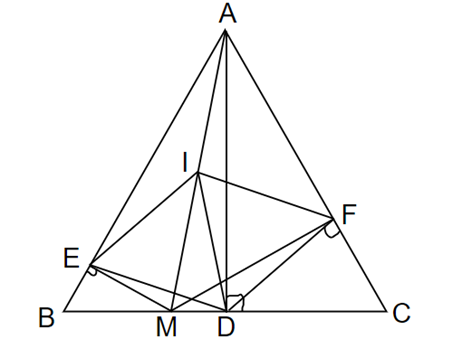 Cho tam giác đều ABC. Gọi M là điểm thuộc cạnh BC. Gọi E, F lần lượt là chân đường vuông góc kẻ từ M xuống AB và AC.  (ảnh 1)