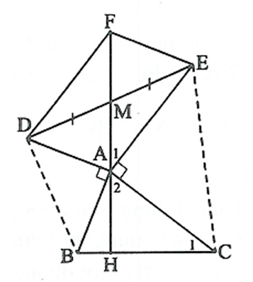 Cho tam giác nhọn ABC. Vẽ ra phía ngoài của tam giác này các tam giác ABD và tam giác ACE vuông cân tại A. Gọi M là trung điểm của DE.  (ảnh 1)