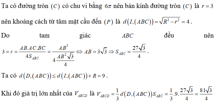 Cho mặt cầu (S) có bán kính bằng 5. Mặt phẳng (P) cắt mặt cầu theo giao tuyến là đường tròn (C) có chu vi (ảnh 1)