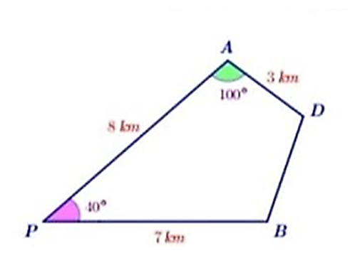 Hai bạn An và Hưng cùng xuất phát từ điểm P, đi theo hai hướng khác nhau và tạo với nhau một góc 40° để đến đích là điểm D. (ảnh 1)