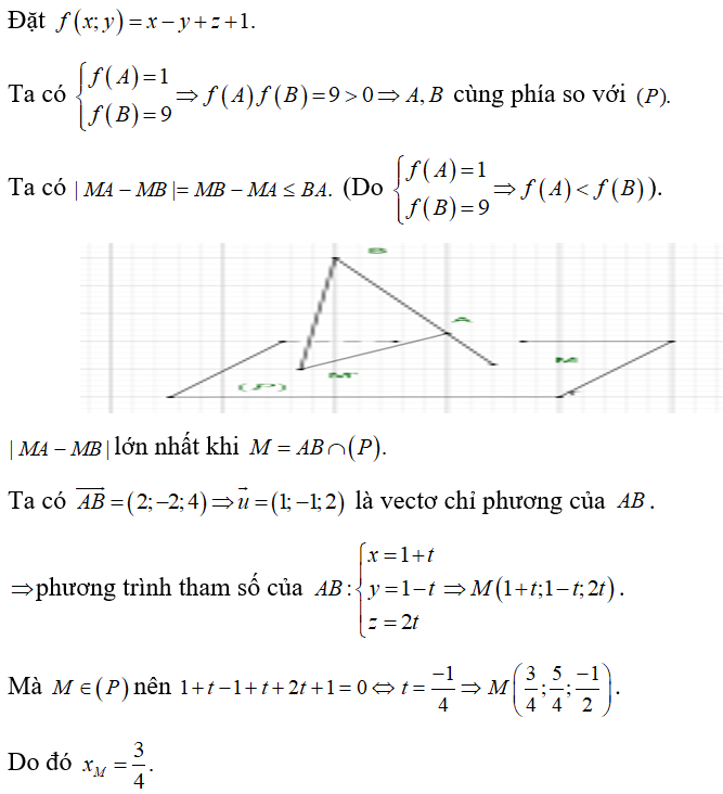 Trong không gian Oxyz , cho hai điểm A(1;1;0),B(3;-1;4)  và mặt phẳng (ảnh 1)