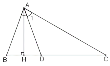 Cho tam giác ABC có b= 70 độ, c= 30 độ . Tia phân giác của góc A cắt BC tại D. Kẻ AH vuông góc với BC (H thuộc BC). Tính  . (ảnh 1)