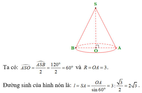 Hình nón có góc ở đỉnh bằng 120 độ  và bán kính đáy bằng 3  thì có đường sinh bằng (ảnh 1)