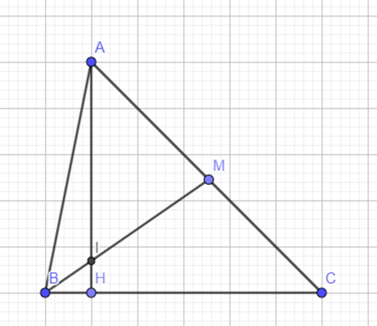 Cho ΔABC có BC = 6, AB = 5, và  . Tính độ dài trung tuyến BM và cosin của góc nhọn tạo bởi BM và đường cao AH. (ảnh 1)
