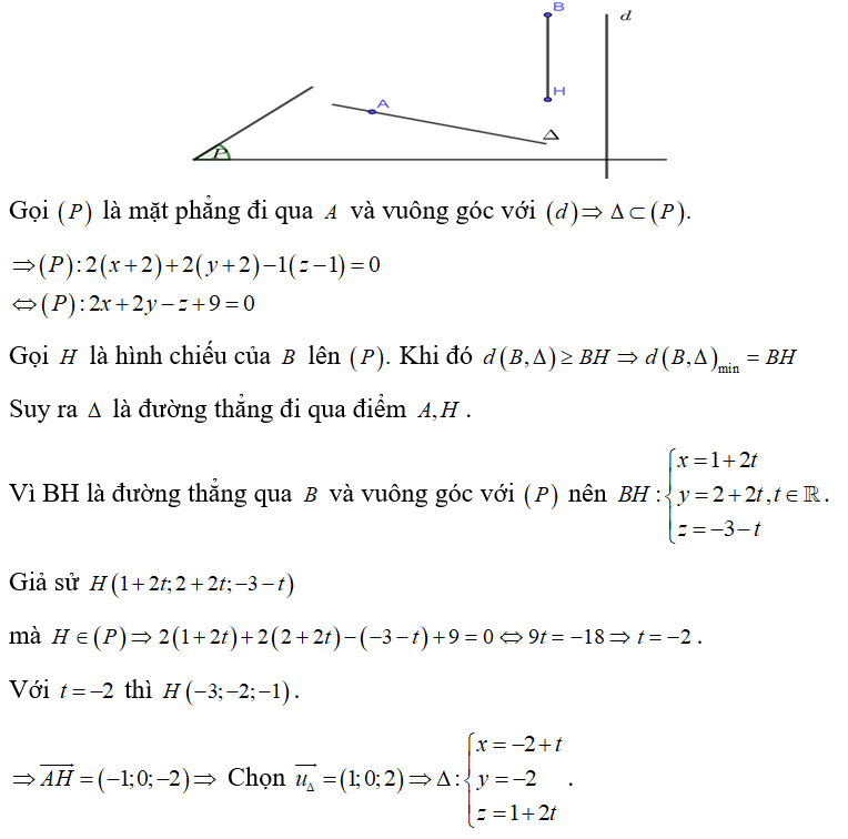 Trong không gian Oxyz  cho hai điểm A(-2;-2;1),B(1;2;-3)  và đường thẳng (ảnh 1)